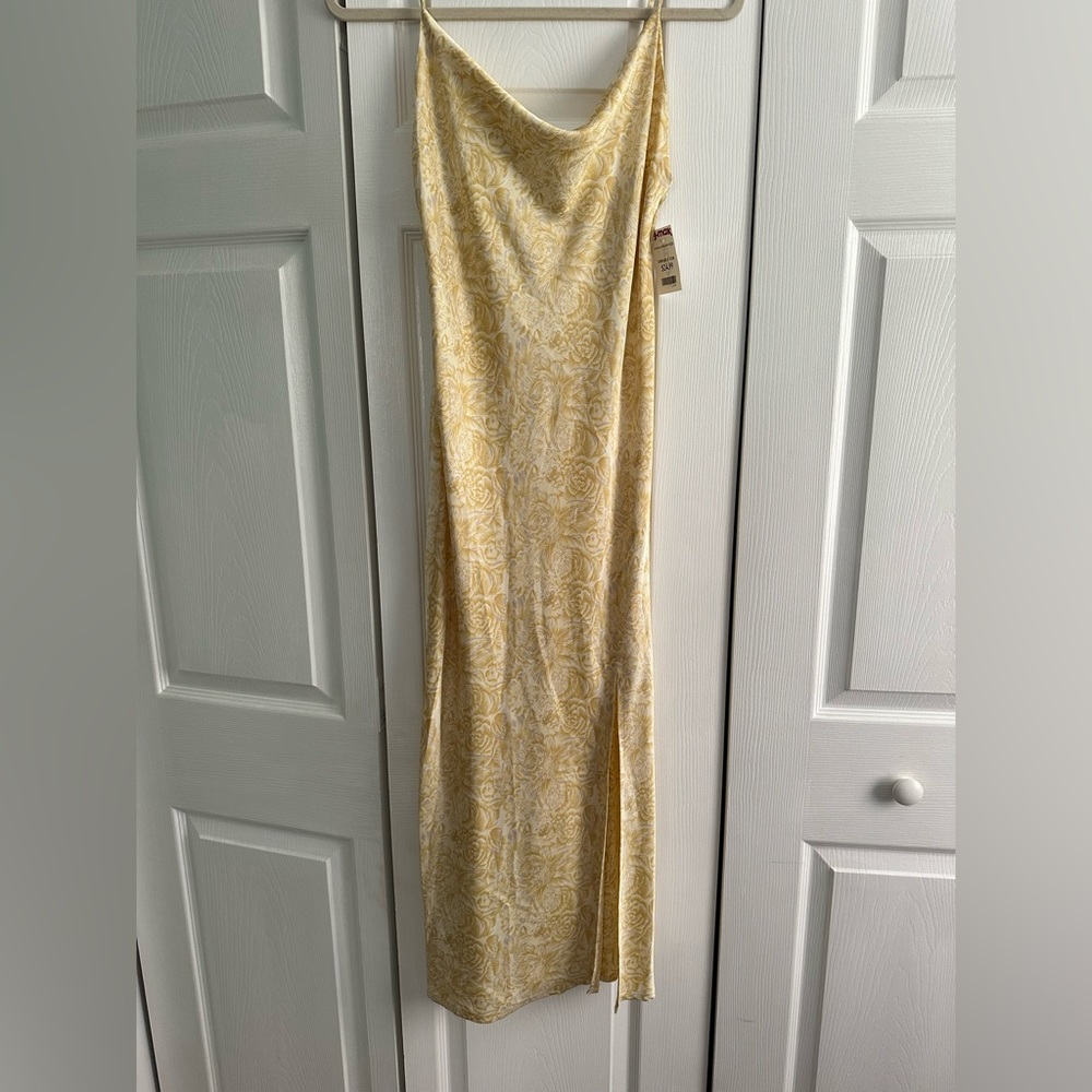 Satin Yellow Floral Midi Dress with Slit
